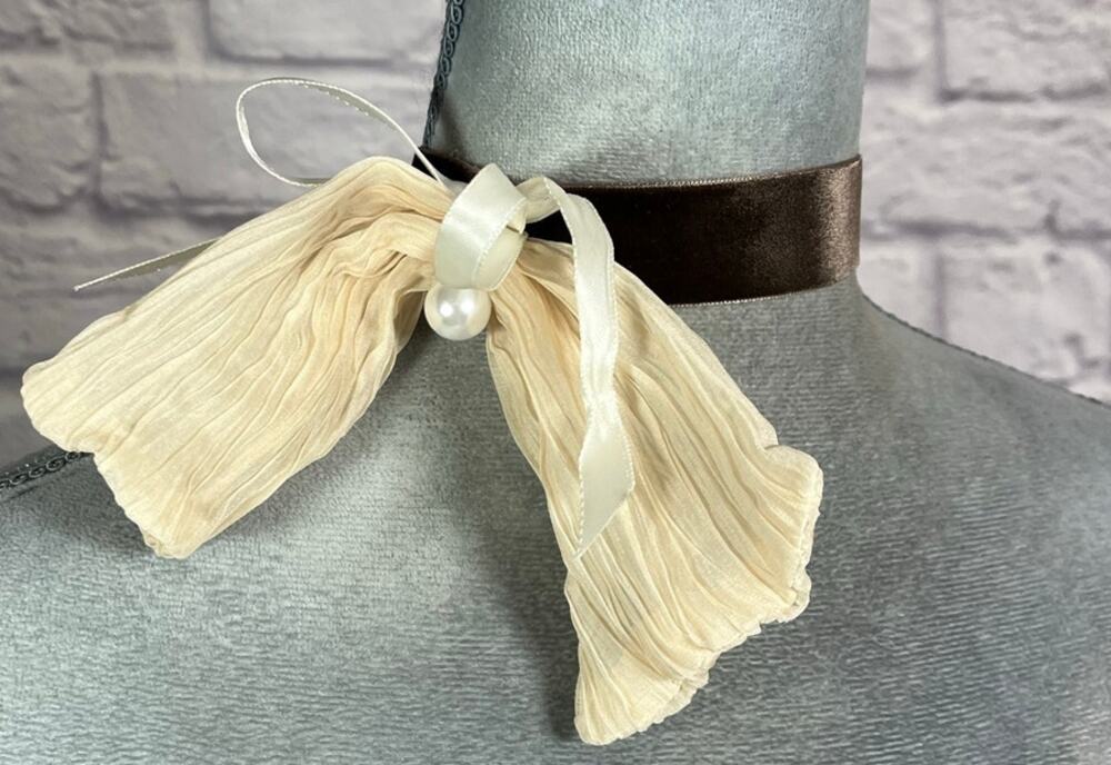 Handmade Mink Brown Velvet Choker with Offset Avant Garde Cream Bow & Pearl